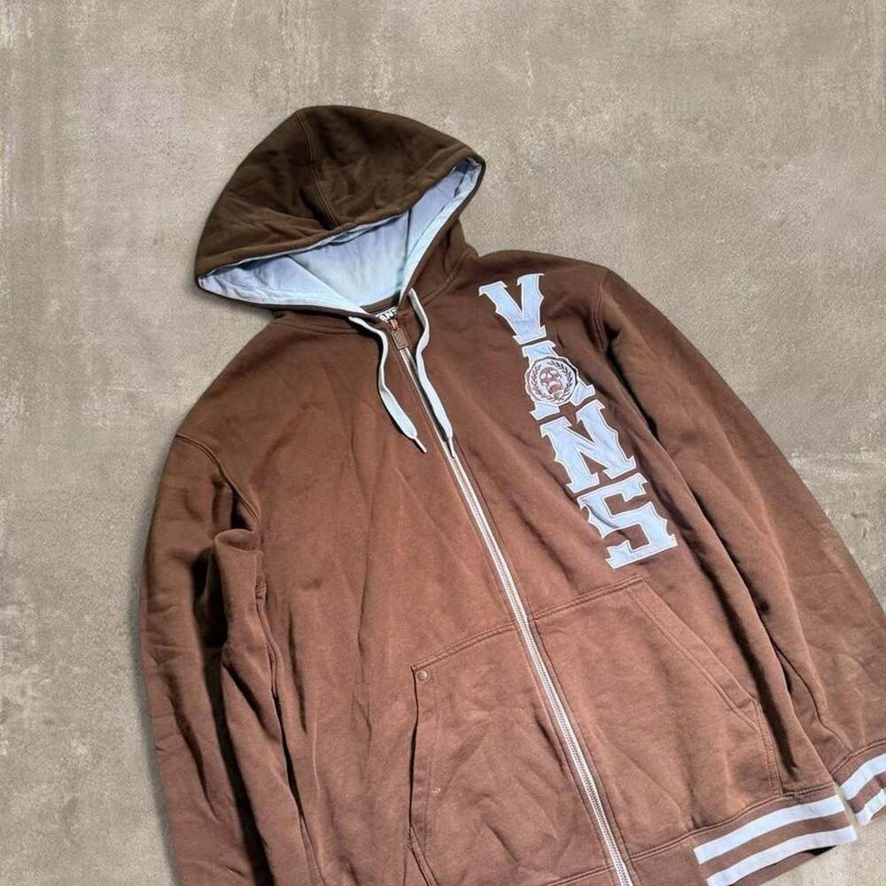 Vans Zip Up Hoodie Size L Brown Graphic College Stripe